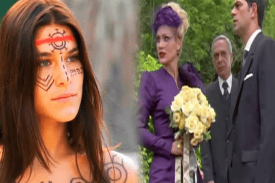 Cena de 'Alma Gêmea' mostrando Cristina vestida de noiva olhando para o altar, com Rafael ao lado dela, mas com o olhar voltado para Serena, que está escondida atrás de um arbusto, com expressão de tristeza.
