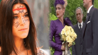 Cena de 'Alma Gêmea' mostrando Cristina vestida de noiva olhando para o altar, com Rafael ao lado dela, mas com o olhar voltado para Serena, que está escondida atrás de um arbusto, com expressão de tristeza.