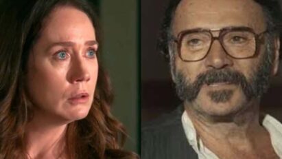 Cena de 'Renascer' mostrando Rachid e Dona Patroa em um momento de tensão