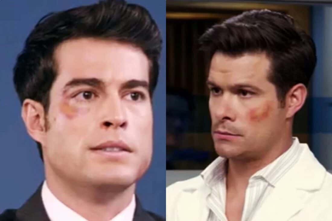 Álvaro e Leonardo trocando socos em uma briga intensa no hospital na novela "Contigo Sim".