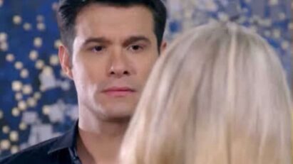 Uma cena da novela Contigo Sim com Leonardo e Salma em um momento de tensão.