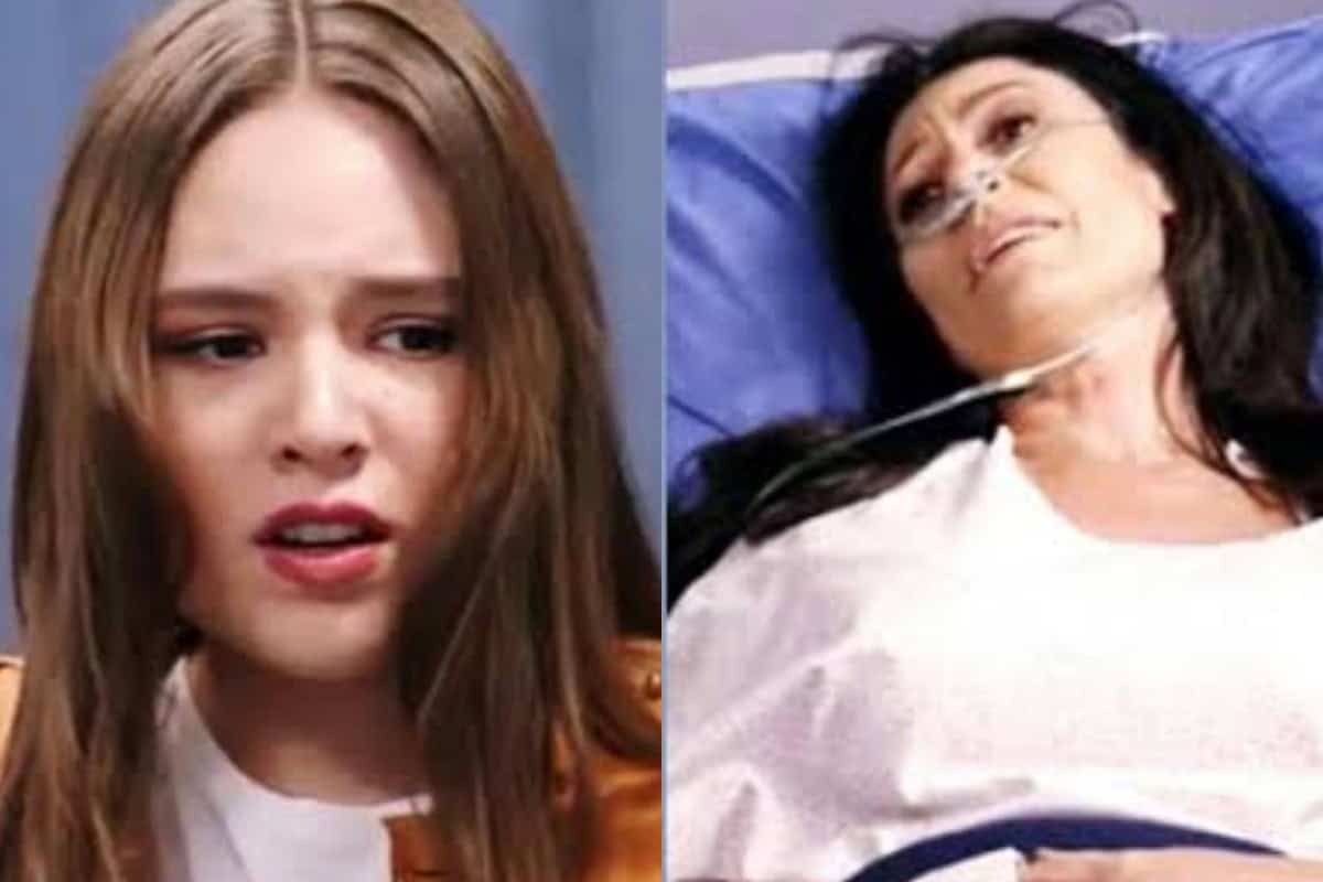 Uma cena emocionante da novela Contigo Sim, com Cândida e Clarinha em um momento de grande emoção durante a revelação do segredo.