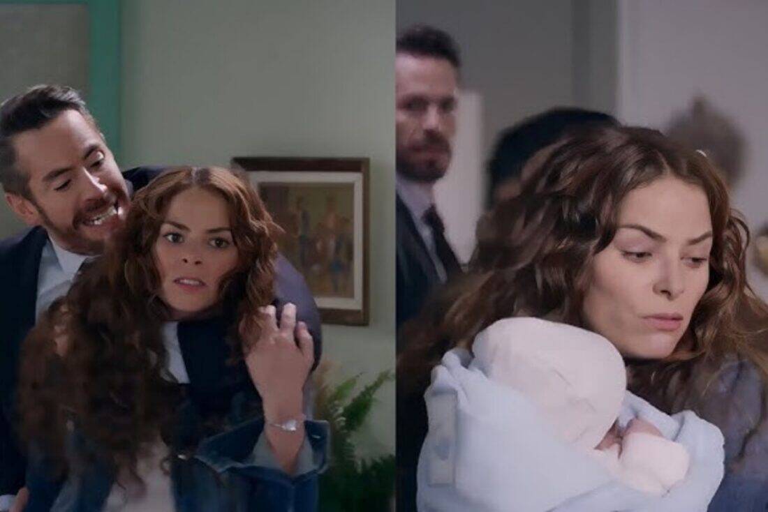 Ângela sendo brutalmente expulsa da pensão com seu bebê nos braços nos próximos capítulos de Contigo Sim.