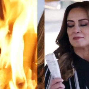 Imagem de Mirtes jogando a carta comprometedora na lareira, acreditando que apagará seu passado sombrio para sempre