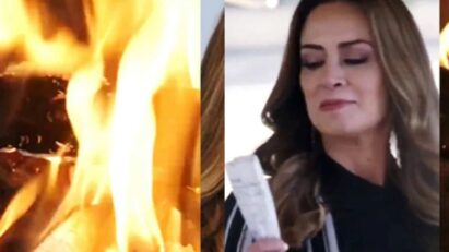 Imagem de Mirtes jogando a carta comprometedora na lareira, acreditando que apagará seu passado sombrio para sempre