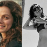 "Foto de Ozge Ozpirincci posando de biquíni em uma praia na Turquia, sorrindo e exibindo boa forma."