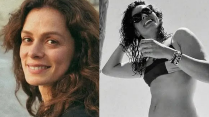 "Foto de Ozge Ozpirincci posando de biquíni em uma praia na Turquia, sorrindo e exibindo boa forma."