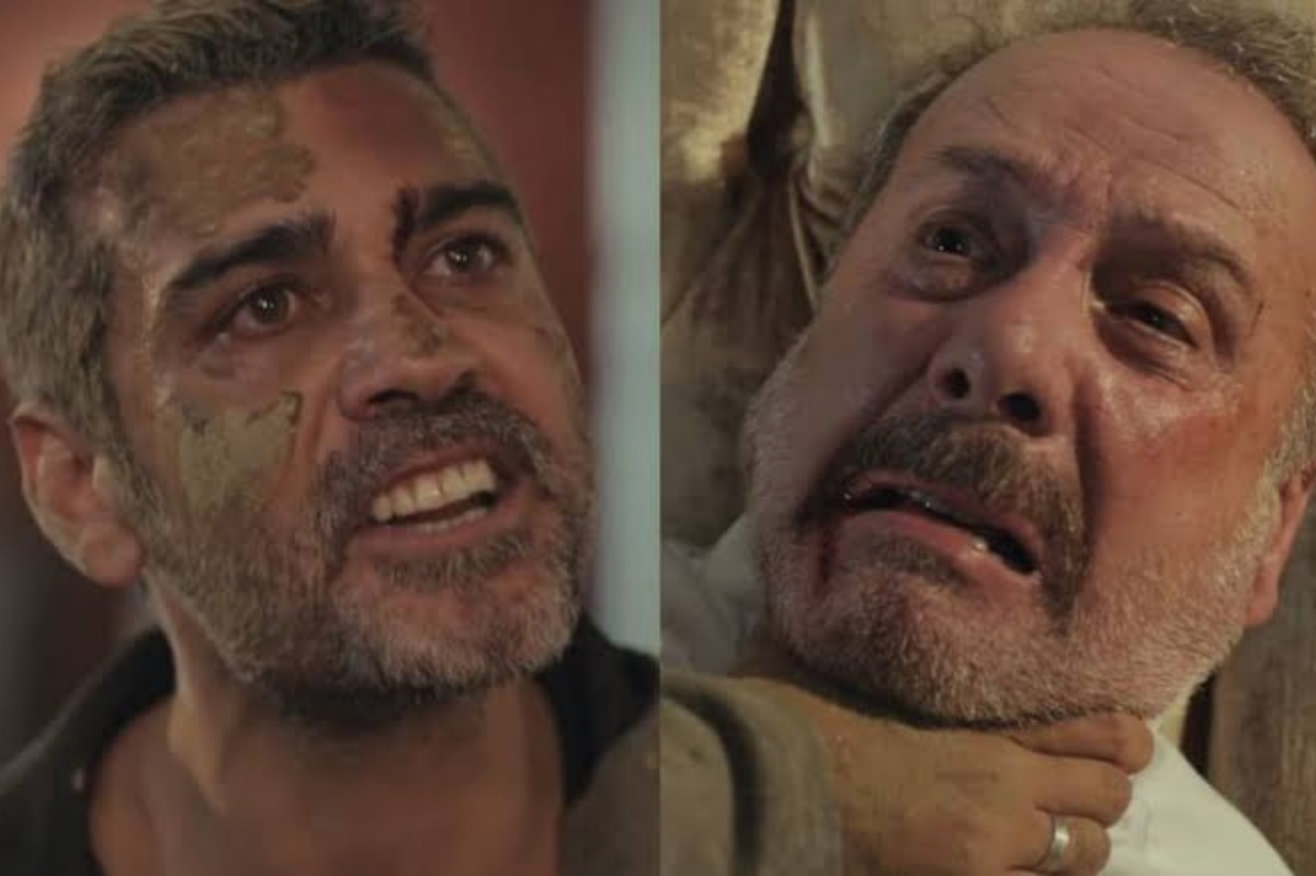 Cena de confronto entre Sarp e Suat na sala da mansão.