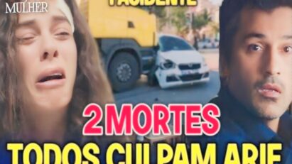 Carro destruído após acidente na novela Força de Mulher.