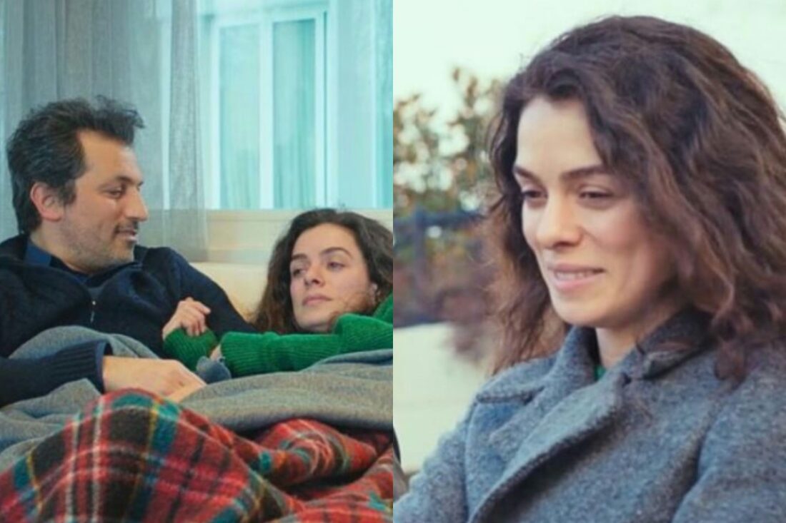 Imagem de Bahar e Arif caminhando juntos no jardim após a noite romântica na casa de campo, em cena da novela Força de Mulher