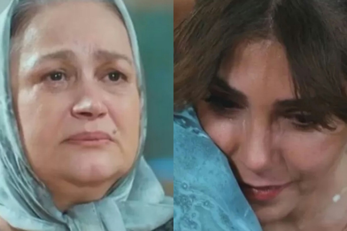 Ceyda chora ao abraçar a mãe em seu casamento na novela Força de Mulher.