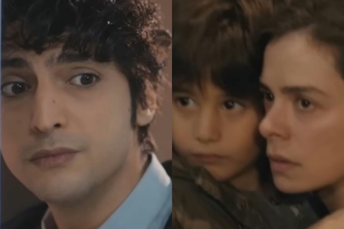 Bahar com Doruk nos braços dentro de um hospital, visivelmente desesperada, enquanto um homem misterioso observa ao fundo.