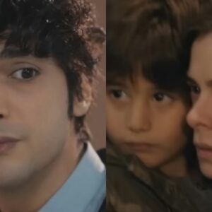 Bahar com Doruk nos braços dentro de um hospital, visivelmente desesperada, enquanto um homem misterioso observa ao fundo.