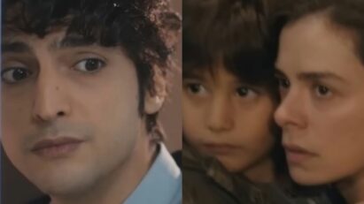 Bahar com Doruk nos braços dentro de um hospital, visivelmente desesperada, enquanto um homem misterioso observa ao fundo.