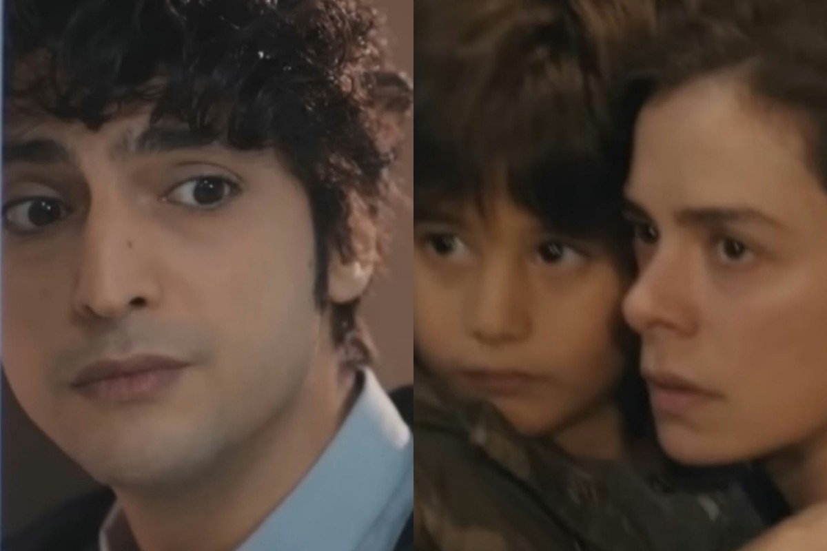 Bahar com Doruk nos braços dentro de um hospital, visivelmente desesperada, enquanto um homem misterioso observa ao fundo.
