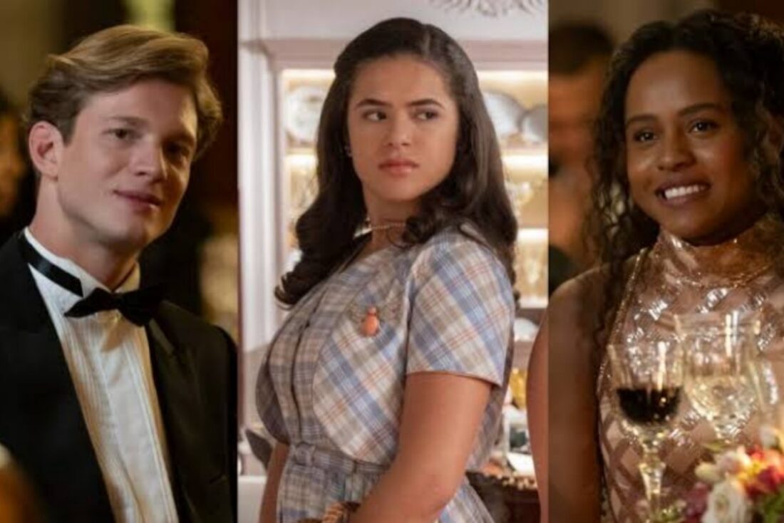 alt="Beatriz (Duda Santos) e Beto (Pedro Novaes) sorrindo em cena de casamento de Garota do Momento."