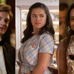 alt="Beatriz (Duda Santos) e Beto (Pedro Novaes) sorrindo em cena de casamento de Garota do Momento."