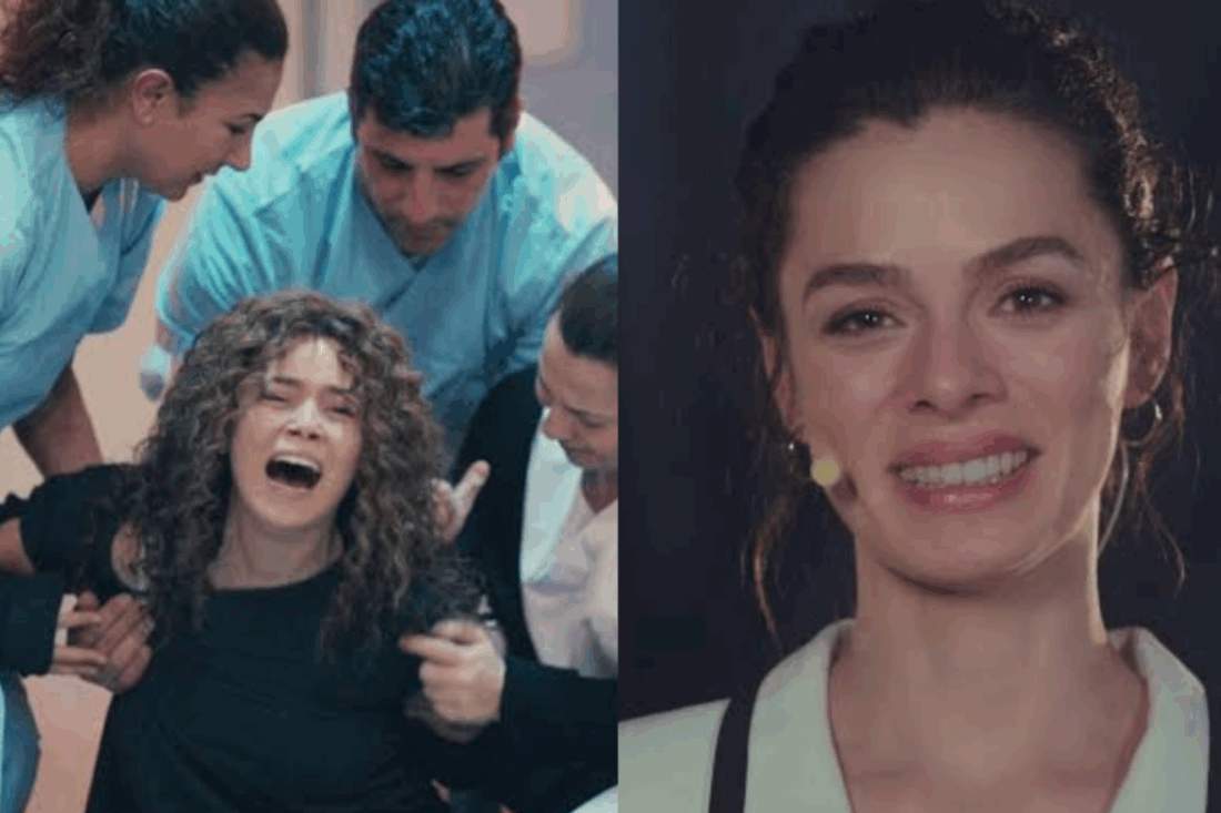 alt="Bahar (Özge Özpirinçci) olhando com expressão séria e pensativa, talvez em um hospital." alt="Şirin (Seray Kaya) em um surto no hospital, sendo contida por enfermeiros."
