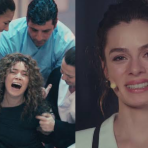 alt="Bahar (Özge Özpirinçci) olhando com expressão séria e pensativa, talvez em um hospital." alt="Şirin (Seray Kaya) em um surto no hospital, sendo contida por enfermeiros."