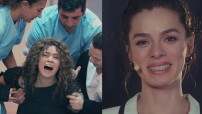 alt="Bahar (Özge Özpirinçci) olhando com expressão séria e pensativa, talvez em um hospital." alt="Şirin (Seray Kaya) em um surto no hospital, sendo contida por enfermeiros."