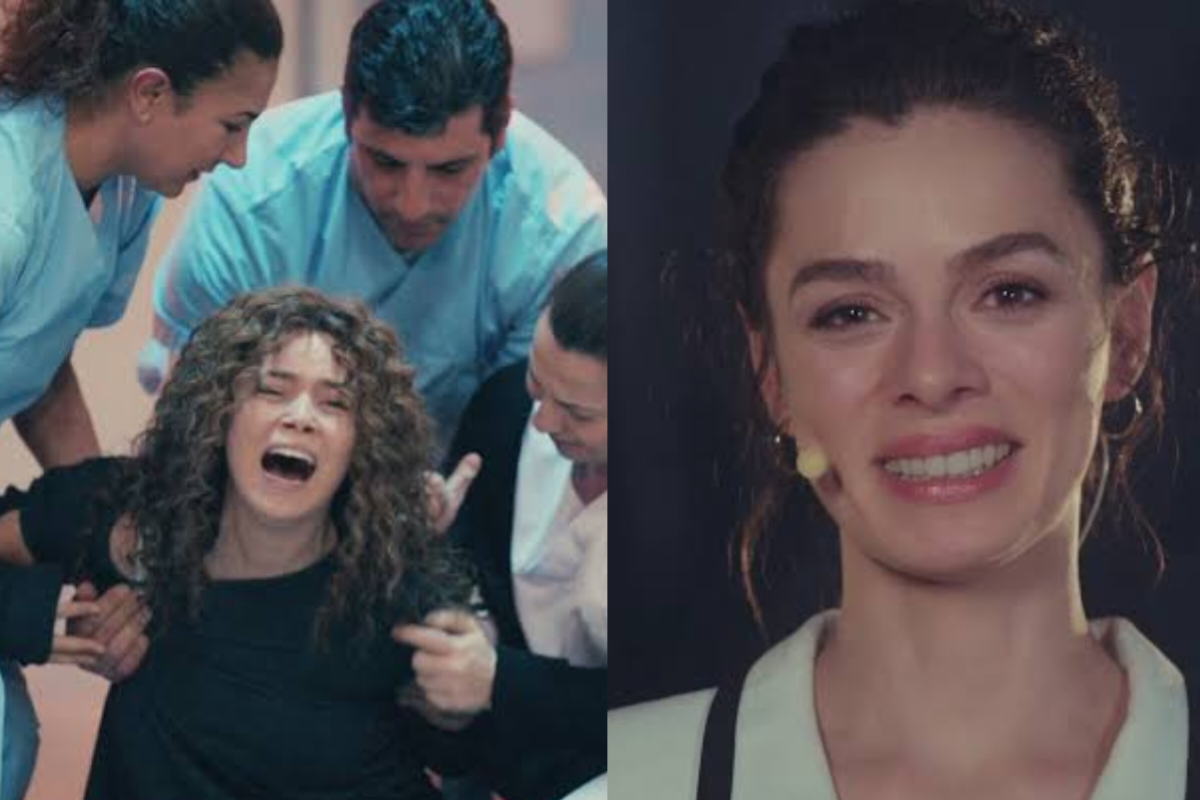 alt="Bahar (Özge Özpirinçci) olhando com expressão séria e pensativa, talvez em um hospital." alt="Şirin (Seray Kaya) em um surto no hospital, sendo contida por enfermeiros."