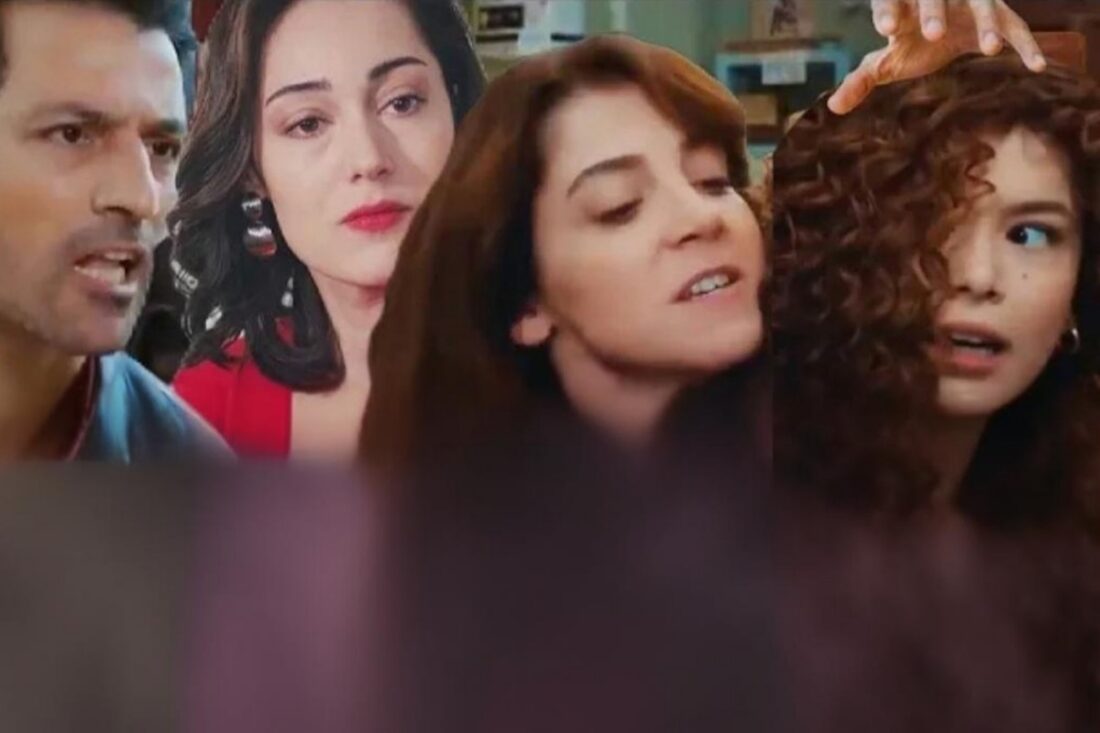 Cena intensa de Força de Mulher com Sirin confessando crime, gravada por Arif ao fundo, clima tenso e sombrio na cafeteria