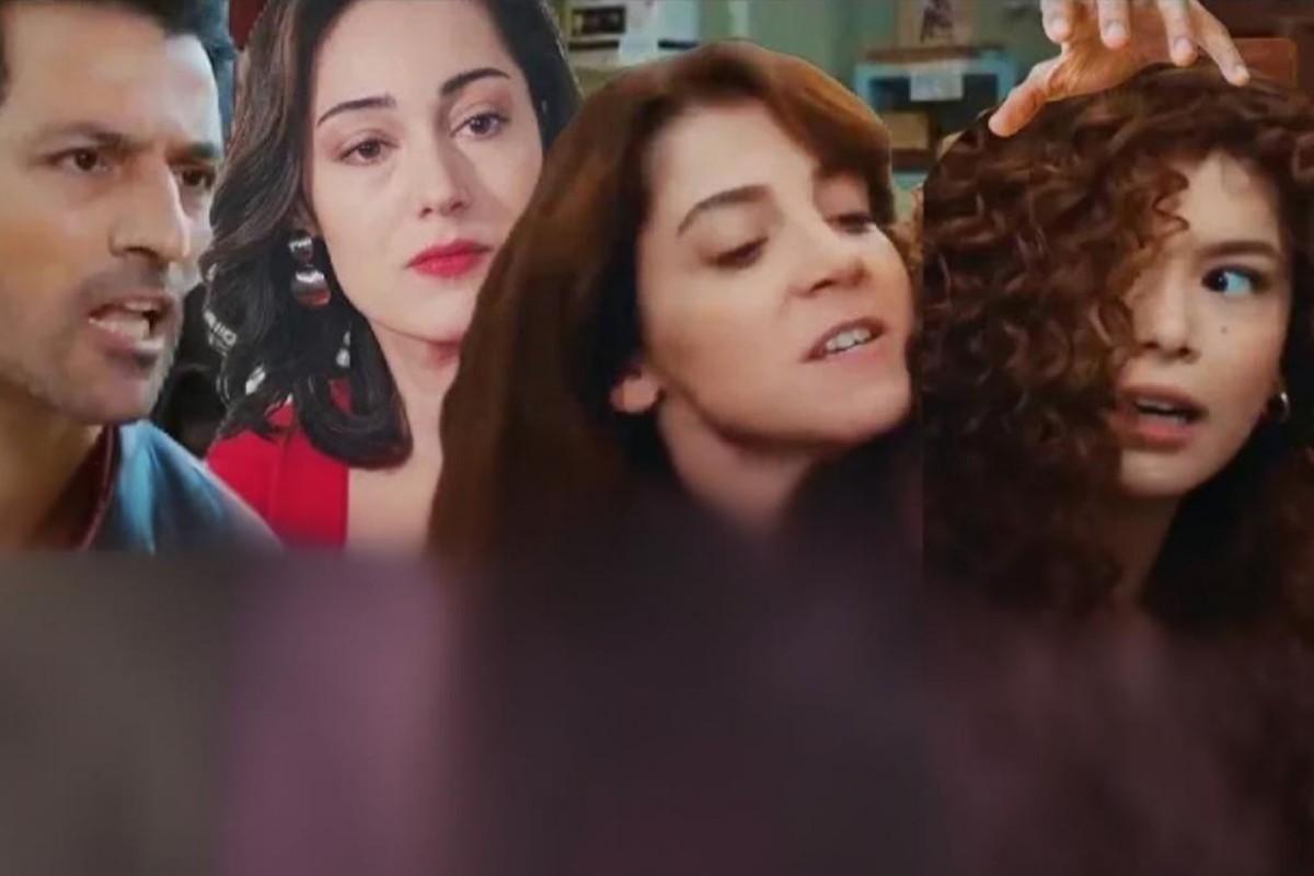 Cena intensa de Força de Mulher com Sirin confessando crime, gravada por Arif ao fundo, clima tenso e sombrio na cafeteria
