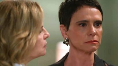 Imagem mostra Odete encarando Celina com raiva, após descobrir que a irmã é sócia de Raquel na Paladar.