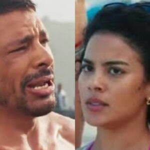 Fátima (Bella Campos) chora ao revelar gravidez e sofre rejeição de César (Cauã Reymond) em Vale Tudo, novela da Globo