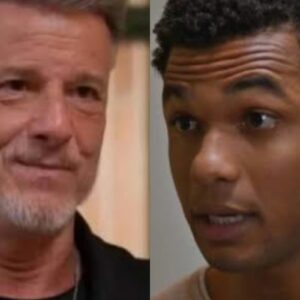 Jaques (Marcello Novaes) revela farsa da gravidez de Katinha em jantar com Samuel (Juan Paiva)