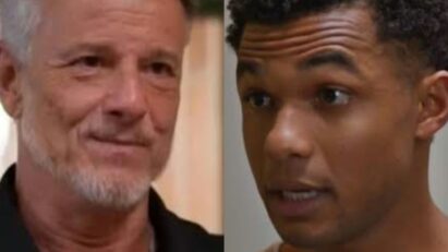 Jaques (Marcello Novaes) revela farsa da gravidez de Katinha em jantar com Samuel (Juan Paiva)