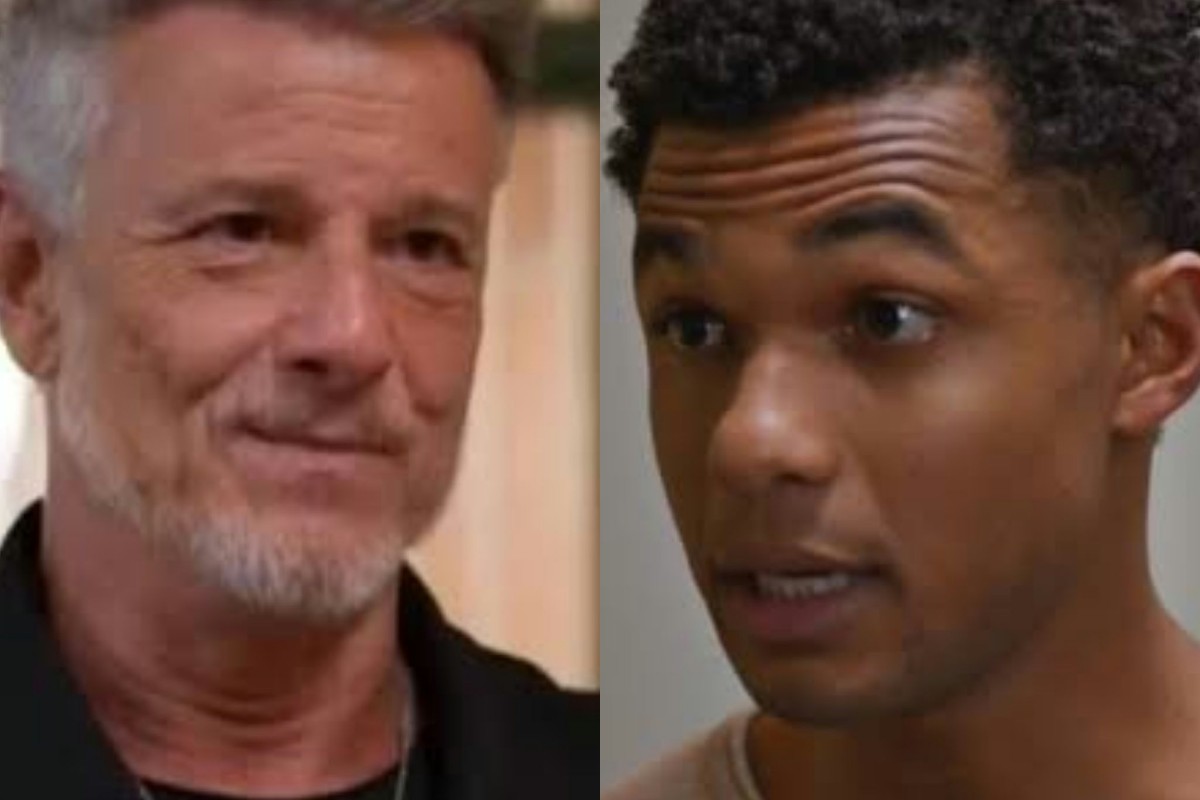 Jaques (Marcello Novaes) revela farsa da gravidez de Katinha em jantar com Samuel (Juan Paiva)