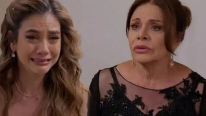Ofelia gritando desesperada na vila (Alt: Mãe em desespero acusa jovem de sequestro em novela).