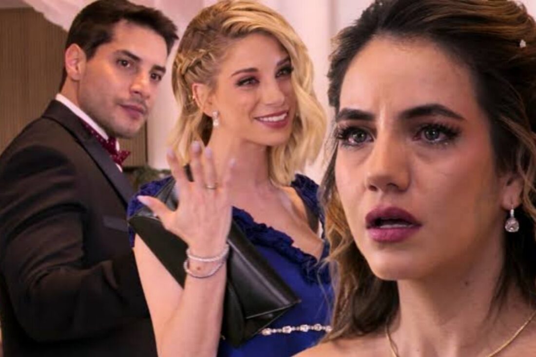 Cena dramática de Camila entrando com Ruan no casamento de Mar e Luís em As Filhas da Senhora Garcia exibida no SBT