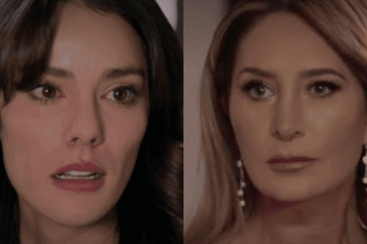 Valéria encara Paula com expressão de fúria na sala da mansão Portilla