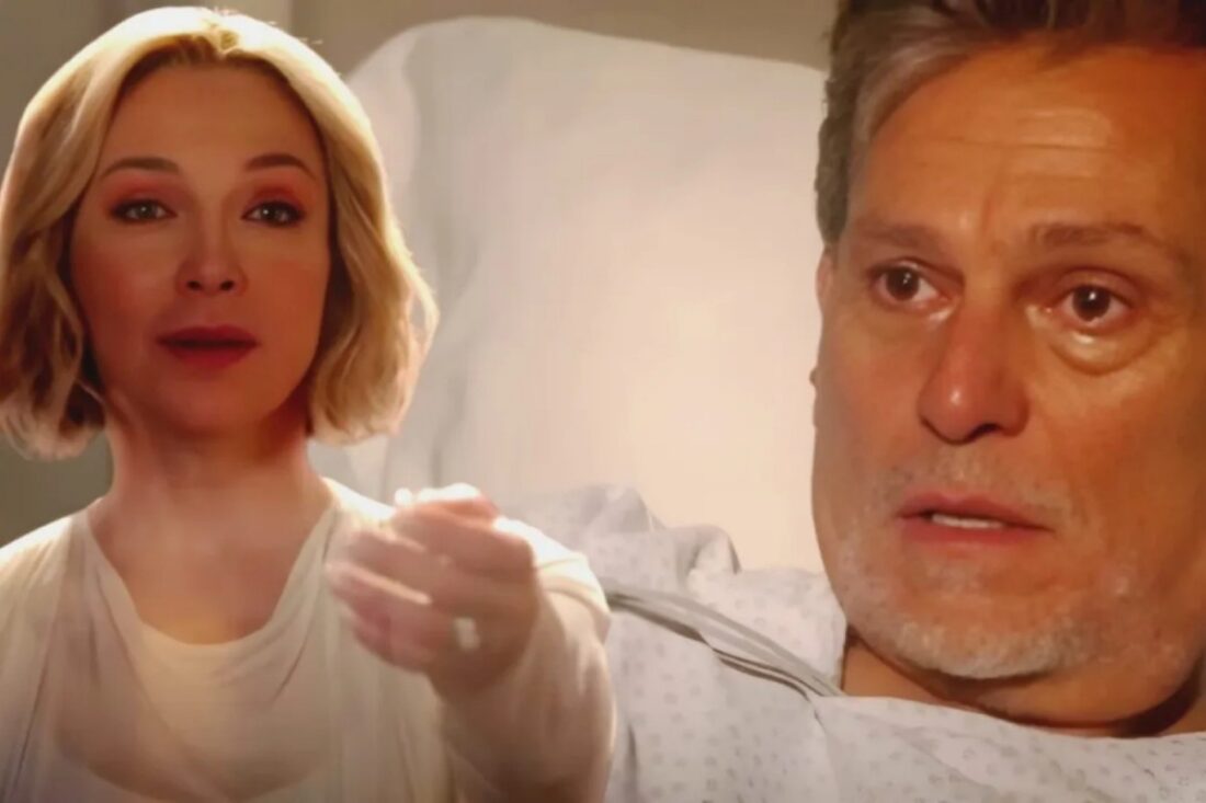 "Cena emocionante de Luís e Cecília em As Filhas da Senhora Garcia, durante o reencontro sobrenatural no hospital."