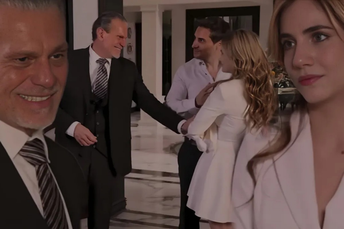 Mar, Juan e Luiz emocionados na mansão Portila no último capítulo de As Filhas da Senhora Garcia.