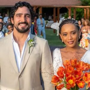 Raquel e Ivan trocando alianças em cerimônia emocionante de Vale Tudo”