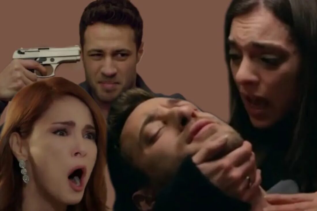 Cenk Karaçay segurando uma arma contra a própria cabeça enquanto Agah tenta impedi-lo em cena dramática de Cruel Istanbul.