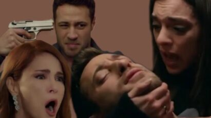 Cenk Karaçay segurando uma arma contra a própria cabeça enquanto Agah tenta impedi-lo em cena dramática de Cruel Istanbul.