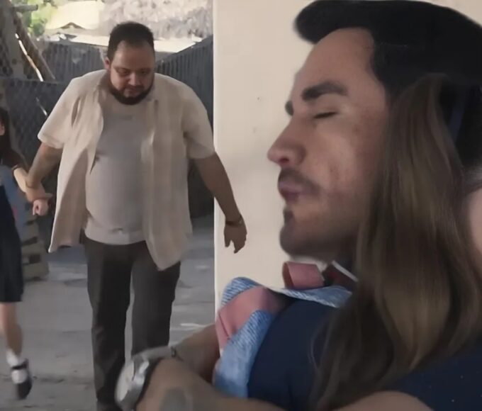 Cena de Azul caminhando com um homem desconhecido na capital, após se perder.”