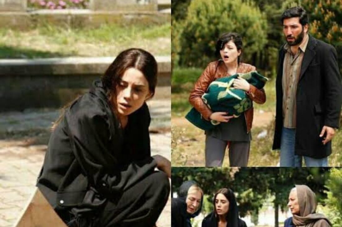 Zeynep emocionada diante do túmulo da filha Turna na novela Mãe da Record TV