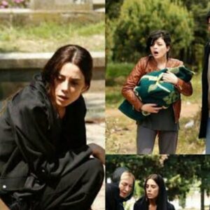 Zeynep emocionada diante do túmulo da filha Turna na novela Mãe da Record TV