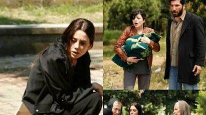 Zeynep emocionada diante do túmulo da filha Turna na novela Mãe da Record TV