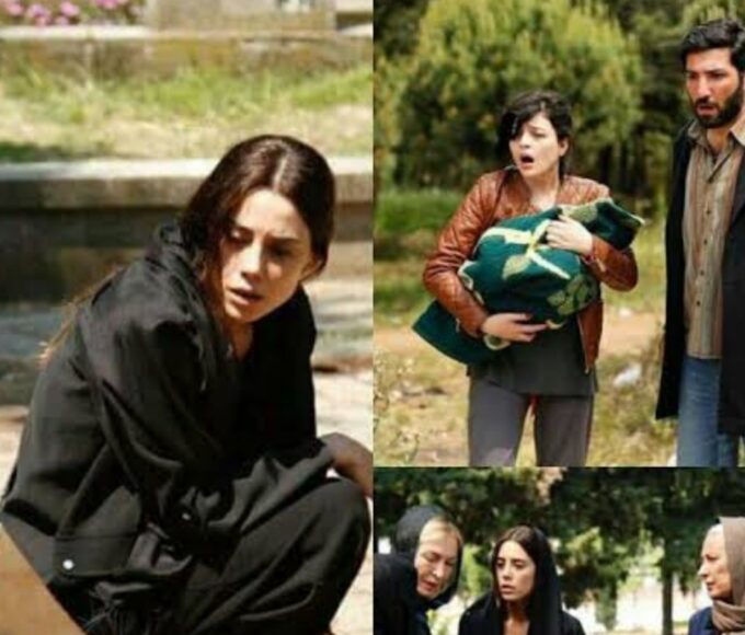 Zeynep emocionada diante do túmulo da filha Turna na novela Mãe da Record TV