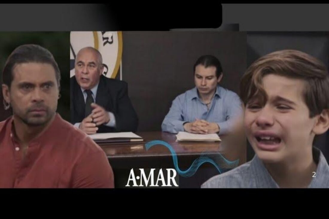 Gabriel emocionado no tribunal após ganhar a guarda de Éder na novela Amar.