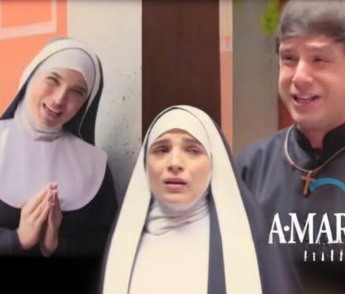 Brisa vestida de freira na novela Mar do SBT tentando encontrar Pascoal